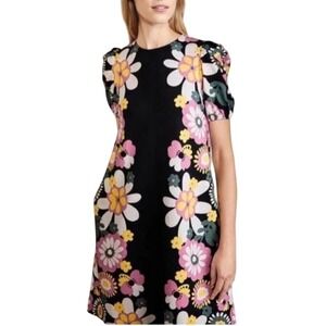 Boden Seam Detail Ponte Shift Dress Womens 6 Black Floral Puff Sleeve Jersey